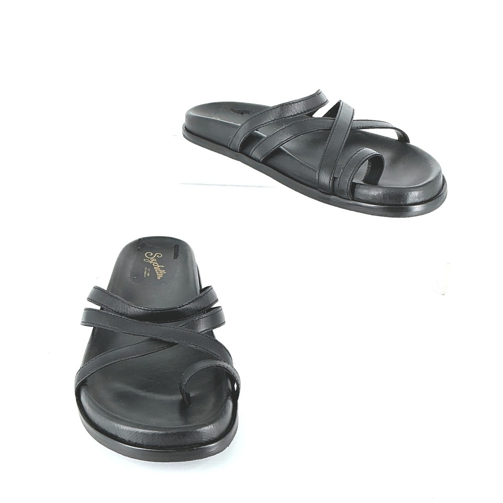 Seychelles Size 8 Black Leather Strappy Toe Loop Slide Sandals Rule the World - Picture 4 of 15